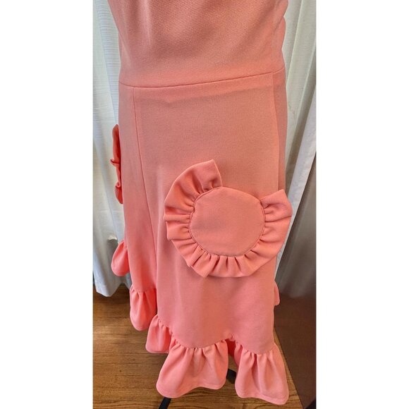 Vintage 80s pinafore dress, peach/coral, ruffled hem, round ruffle pockets - Picture 3 of 10